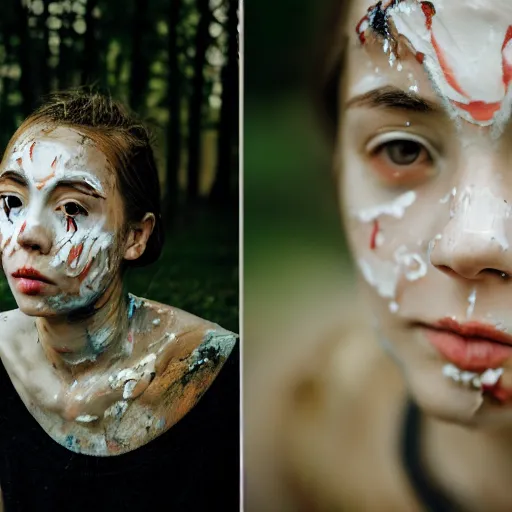 Image similar to a girl with cracked skin painting her face with paint, 5 0 mm lens, f 1. 4, sharp focus, ethereal, emotionally evoking, head in focus, volumetric lighting, blur dreamy outdoor,