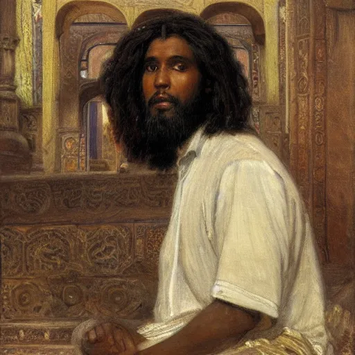 Image similar to a man with somali facial features, long curly hair, inside a masjid, by frederick arthur bridgman