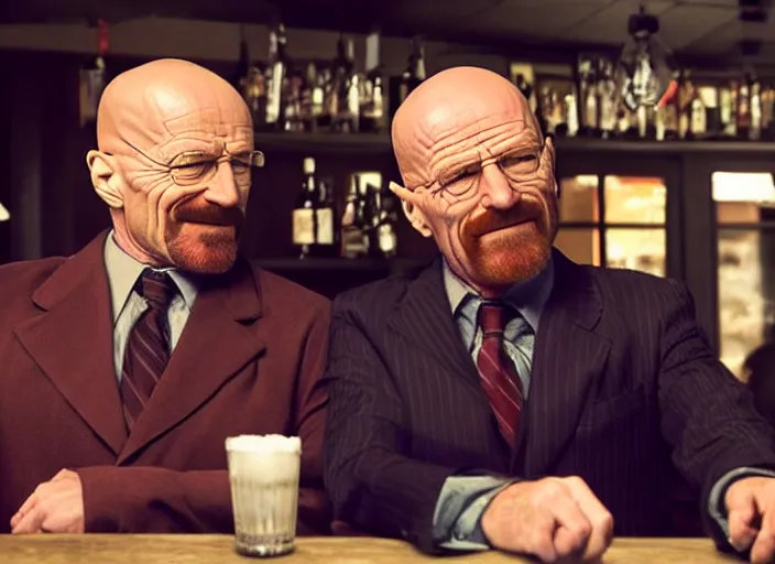 Image similar to walter white saul goodman and mike ehrmantraut at a bar, drinking, smiling, ultra realistic, cinematic