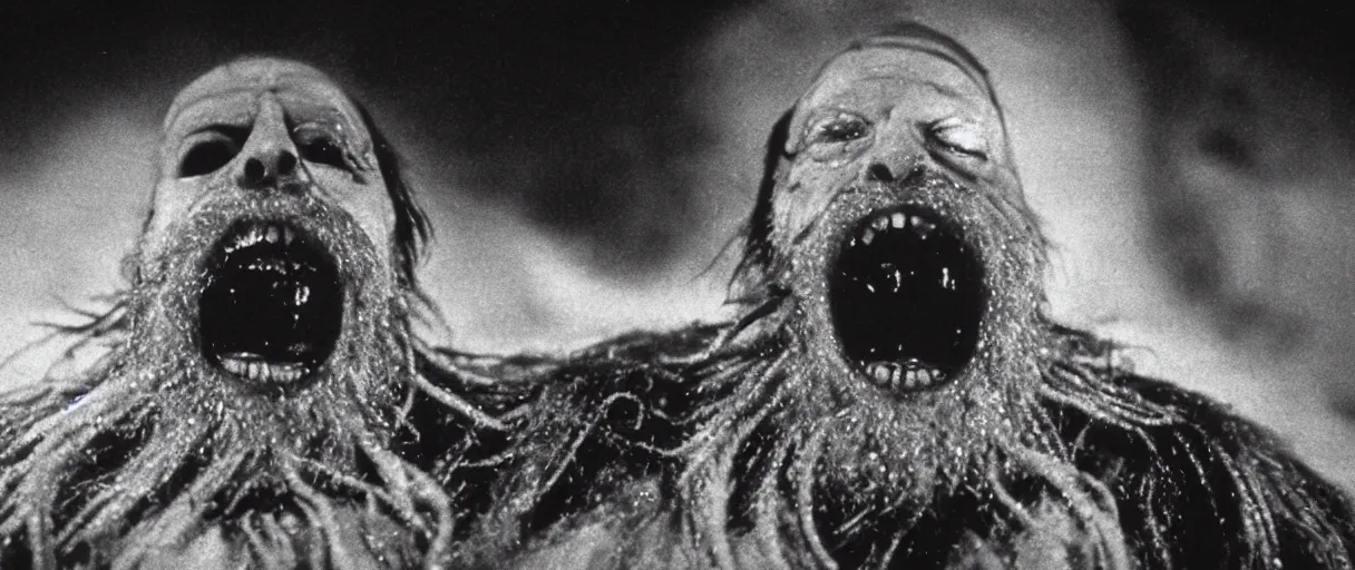 Prompt: filmic extreme close up shot movie still 4 k uhd exterior shot 3 5 mm film color photograph of a terrifying bearded man with tentacles and blood chasing five scared people around mcmurdo station in antarctica at night with the northern lights lighting up the sky, only color images, in the style of the horror film the thing 1 9 8 2