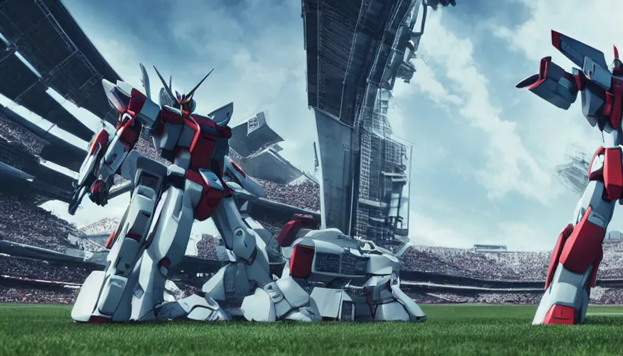 Image similar to a futuristic full stadium with a giant gundam on the field, establishing shot, unreal engine, hyper realism, realistic shading, cinematic composition, realistic render, octane render, detailed textures, photorealistic, ultrawide shot