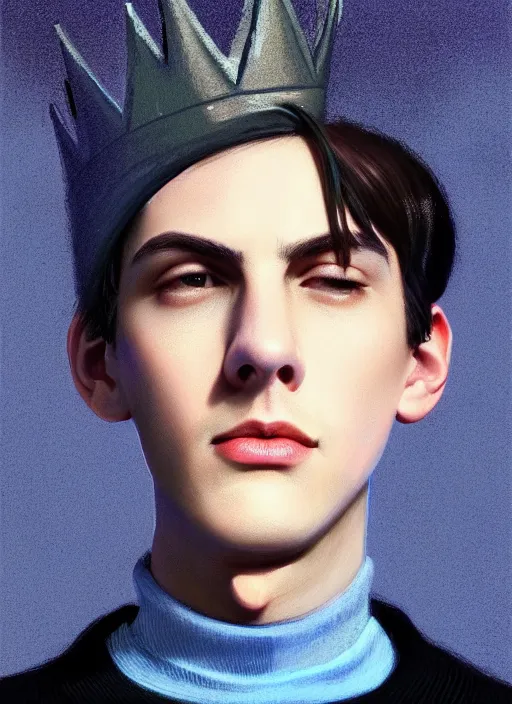 Image similar to portrait of teenage jughead jones wearing a light grey crown, crown, blue turtleneck, 1 9 5 0 s, closed eyes, photorealistic, black hair, glowing lighting, intricate, elegant, glowing lights, highly detailed, digital painting, artstation, concept art, smooth, sharp focus, illustration, art by wlop, mars ravelo and greg rutkowski