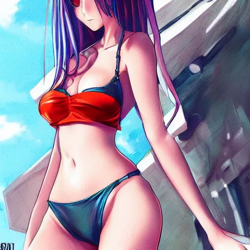 Image similar to Pretty anime girl wearing a bikini in the style of Artgerm