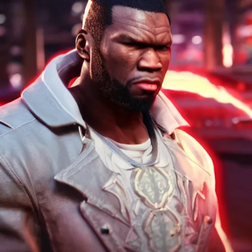 Image similar to a videogame still of 50 Cent in Tekken 7, portrait, 40mm lens, shallow depth of field, close up, split lighting, cinematic