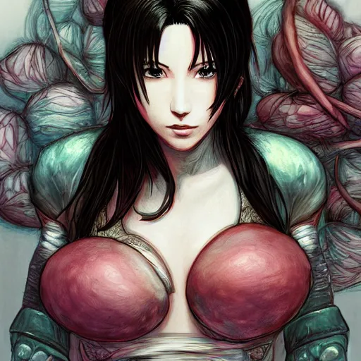 Image similar to a portrait of tifa lockhart beautiful elegant partially made of potatoes roots and violets, an ultrafine detailed illustration by james jean, final fantasy, intricate linework, bright colors, behance contest winner, vanitas, angular, altermodern, unreal engine 5 highly rendered, global illumination, radiant light, detailed and intricate environment