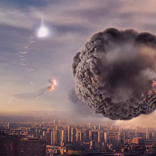 Image similar to centered action photography shot of extremely detailed hyper realistic thermonuclear bomb explosion in a city, professional film photography, 8 k, cinematic framing, cinematic lighting