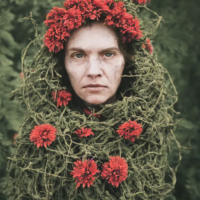 Image similar to a closeup portrait of a woman wearing a hooded cloak made of zinnias and barbed wire, in a derelict house, by Charlotte Grimm, natural light, detailed face, CANON Eos C300, ƒ1.8, 35mm, 8K, medium-format print