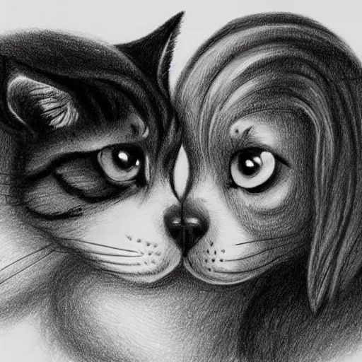 Prompt: cat and dog licking each other, cute drawing, concept art, trending on Artstation, realistic, very beautiful fur