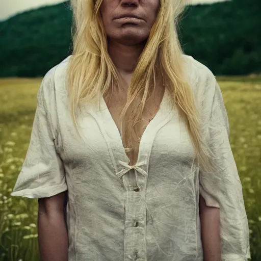 Image similar to Midsommar cult portrait of woman with blond hair crying under harsh sunlight cinematic lighting film still