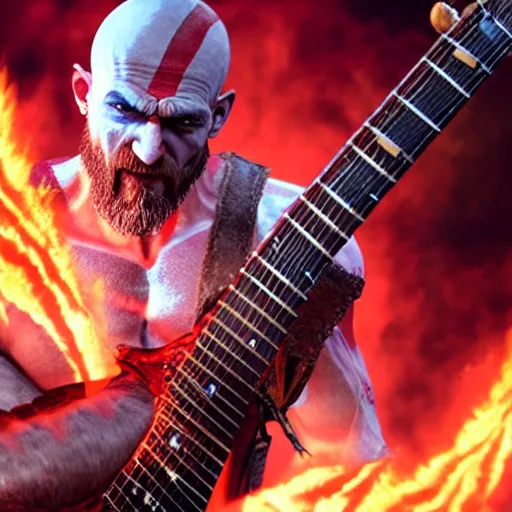 Image similar to kratos shredding on a flaming stratocaster guitar, cinematic render, god of war 2 0 1 8, santa monica studio official media, lightning, stripe over eye