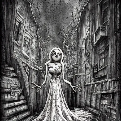 Image similar to grunge cartoon drawing of the end of the world by - michael karcz , in the style of corpse bride, horror themed, detailed, elegant, intricate