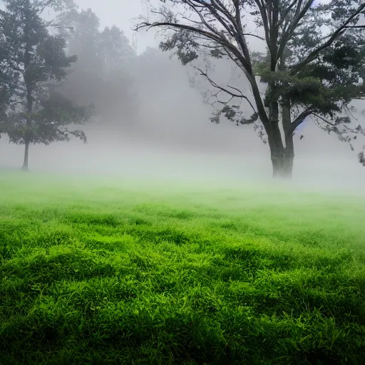 Image similar to a giant grand piano fading into the green fog, dramatic