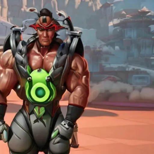 Image similar to a screenshot of arnold schwarzenegger as genji in overwatch