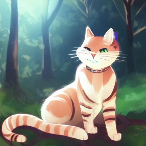 Image similar to a portrait of a cat in the forest, trending on artstation, trending on furaffinity, digital art, by kawacy, anime, furry art, warm light, backlighting, cartoon, concept art