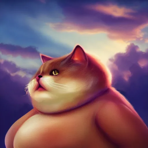 Prompt: a beautiful fat lady cat creature is feeling very very hungry. close - up, beautiful sky, volumetric lighting, sharp focus, ultra detailed, cgsociety - w 1 0 2 4 - n 8 - i