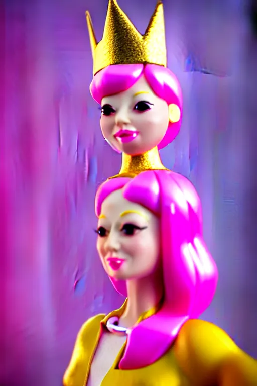 Prompt: photo of real life princess bubblegum sculpted entirely from bubblegum walking in the candy kingdom, she is wearing a white lab coat and a thin gold & sapphire tiara, a golden castle in the background, photorealistic, 3 d, octane render