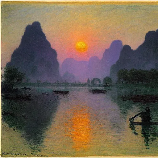 Image similar to a young man in guilin, by caspar david friedrich, by claude monet, mist, sunrise