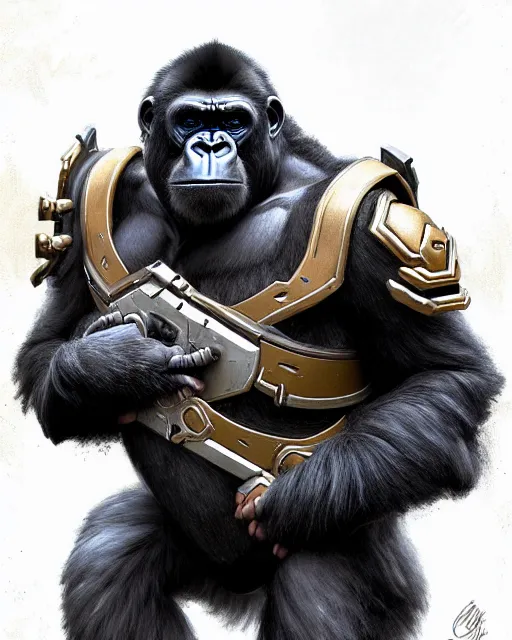 Prompt: winston the gorilla in his armor from overwatch, character portrait, concept art, intricate details, highly detailed by greg rutkowski, michael whelan and gustave dore