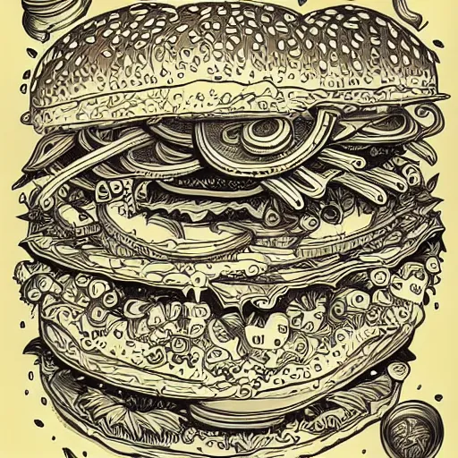 Prompt: hamburger, art by Joe Fenton