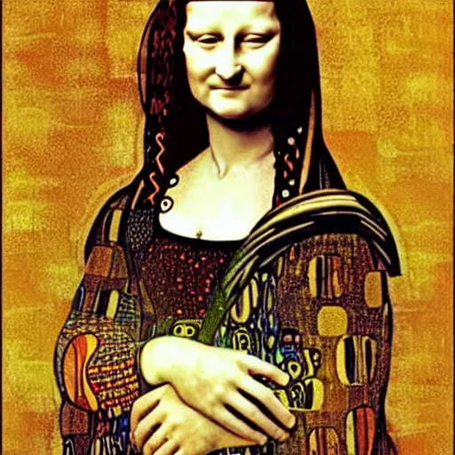 Image similar to monalisa in the style of gustav klimt!!!!!!!!!!