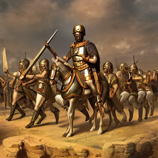 Image similar to a roman soldier in front of his army, ancient rome, digital art, steal armors