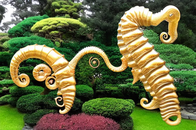 Image similar to a huge flock of many intricate elegant french horn tuba cloud seahorse sculptures, art nouveau japanese garden environment, soothing, milky way, award winning art, epic dreamlike fantasy landscape, ultra realistic,