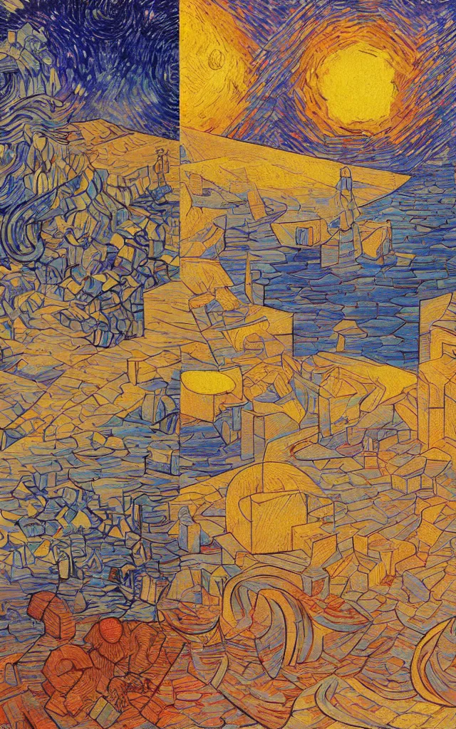Image similar to cubes and tesseracts. retro art by jean giraud and van gogh. pastel colors.