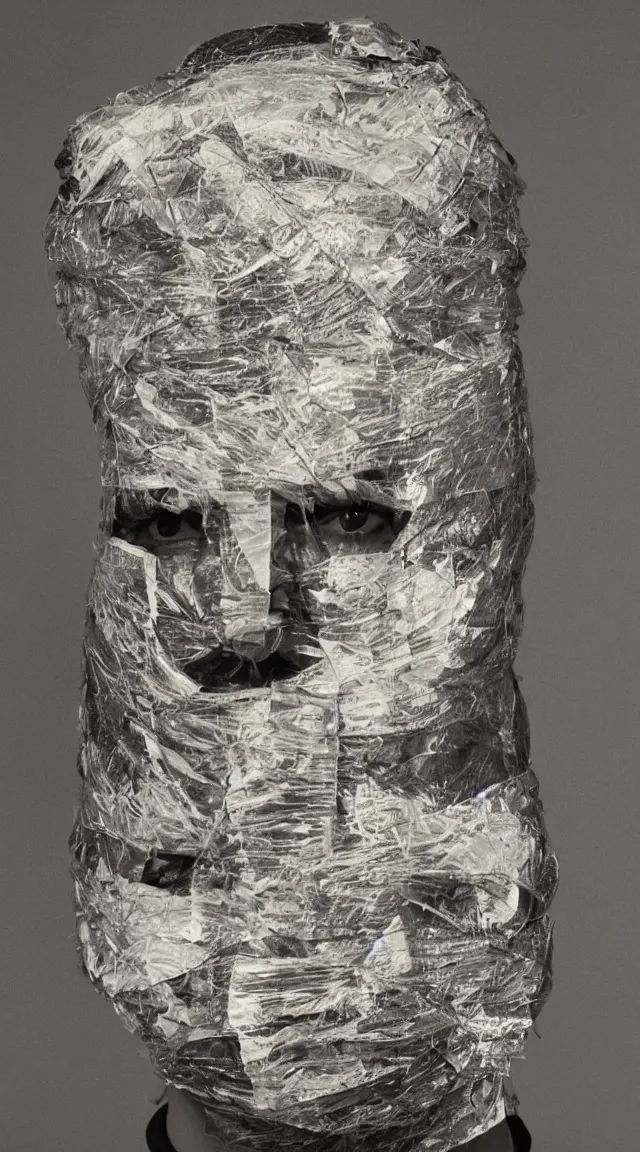 Prompt: a studio portrait of a head completely wrapped in duct tape.