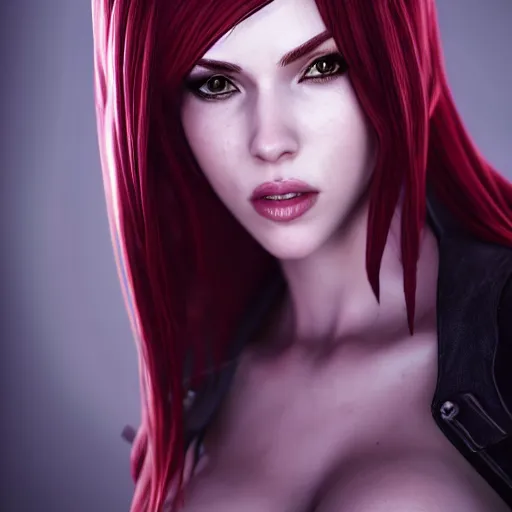 Image similar to Katarina from League of Legends, photorealistic studio portrait, studio lighting, unreal engine 5, hyperrealistic, dynamic lighting, white ambient background, realistic, highly detailed