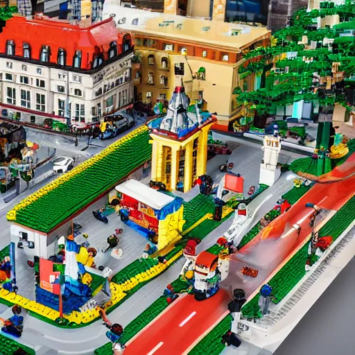 Prompt: a photograph of a lego village, hyperrealism, photo realistic