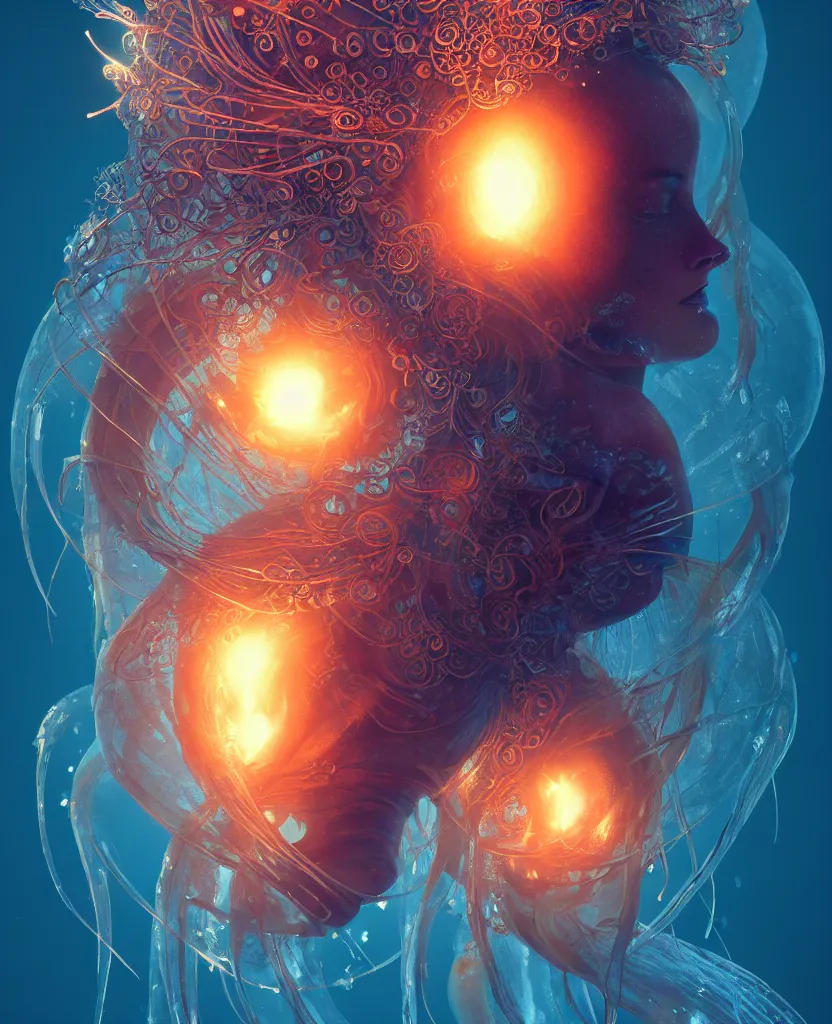 Prompt: goddess close-up portrait. jellyfish phoenix head, nautilus, butterfly, skull, ice and fire, bioluminiscent creatures, intricate artwork by Tooth Wu and wlop and beeple. octane render, trending on artstation, greg rutkowski very coherent symmetrical artwork. cinematic, hyper realism, high detail, octane render, 8k