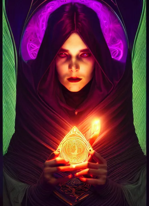 Image similar to book cover, front portrait, dark witch with black hood and evil eyes, realism, soft, smooth, luminescent, art nouveau tarot, backlit glow, colorful swirly ripples, gaudy colors, aesthetic octane render, unreal engine, 8 k, by artgerm, greg rutkowski, alphonse mucha