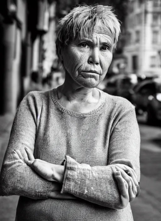 Prompt: Mid-shot portrait of a 50-year-old woman from Norway with short hair, looking tired, candid street portrait in the style of Martin Schoeller award winning, Sony a7R