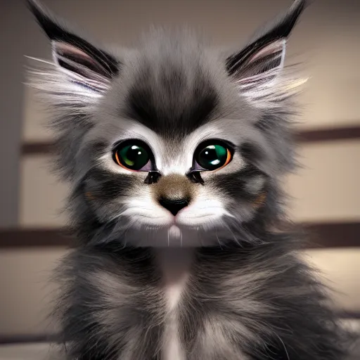 Prompt: eye - level view, a super cute maine coon kitten ate my homework and got smart, hilarious, funny, back to school comedy, cg animation, 3 d octane render, hdr