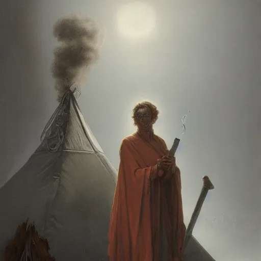 Prompt: a photographic portrait of a humanoid in robes with a halo standing in front of a tent holding a bowl of smoke!! by gustave dore and stephen hickman and allen williams, trending on artstation, cgsociety, 4 k hd, earthtone colors, skulls!! in the smoke, an open canvas tent in the background