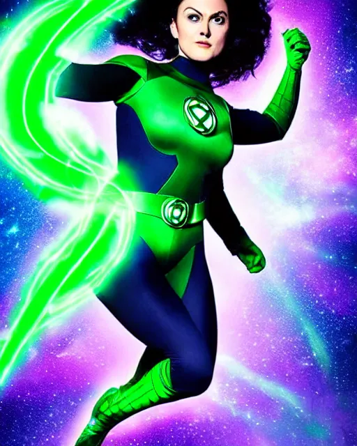 Prompt: photos of beautiful actress Ella Purcell as the Green Lantern Soranik Natu, as she soars thru outer space. Photogenic, purple skin, short black pixie like hair, particle effects, photography, studio lighting, cinematic