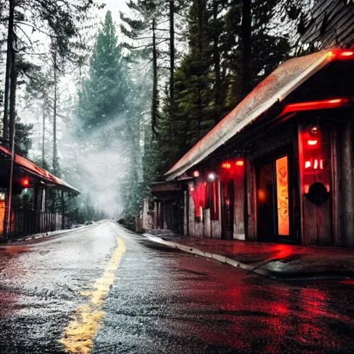 Image similar to photo a wet road surrounded by pine trees, wooden buildings on side of roads, neon signs on buildings, old fashioned gas lamps lining the road, beautiful photography, volumetric lighting, flickr, artstation, 8 k, moody lighting