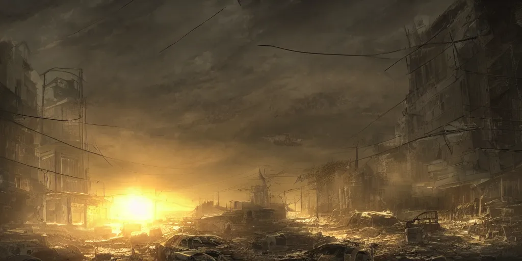 Prompt: a post apocalyptic dramatic lighting cinematic establishing shot extremely high detail photorealistic cinematic lighting artstation style