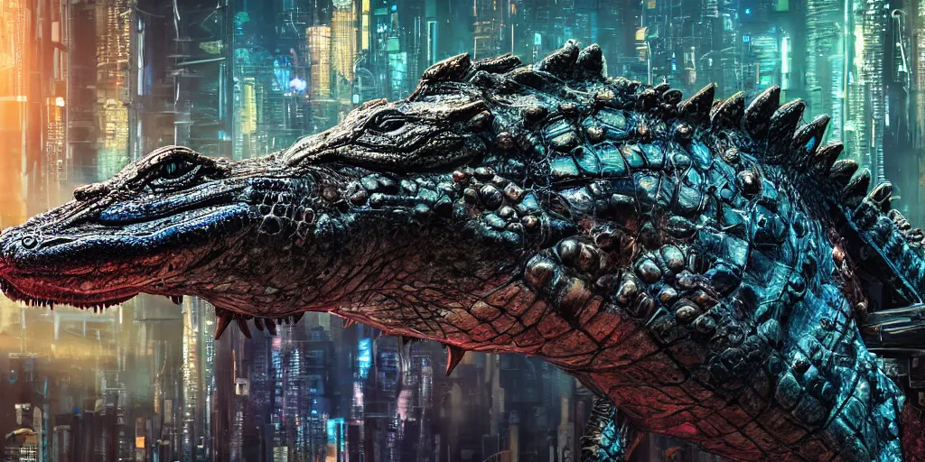 Image similar to a cyberpunk alligator creature closeup, fallout 5, studio lighting, deep colors, apocalyptic setting, vertically mirrored city in background