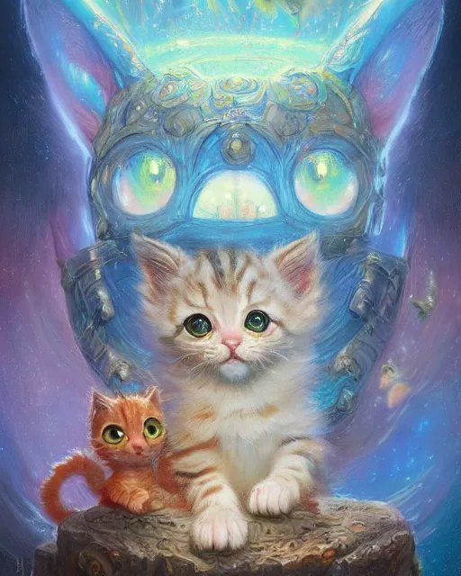 Image similar to an adorable kitten learning magic | highly detailed | very intricate | symmetrical | fantasy and whimsical and magical | soft cinematic lighting | disney pixar | award - winning | painted by donato giancola and paul lehr and ross tran | pastel color palette | featured on artstation