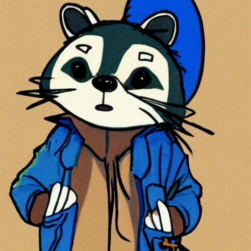 Prompt: anthropomorphic racoon, chibby, male, blue jacket in the style of studio ghibli