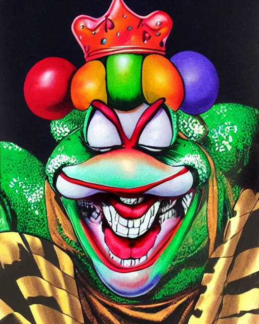 Image similar to Clown Frog King popping champagne at the roulette table, clown frog king wearing clown makeup and rainbow wig, clown crown artwork by Glenn Fabry and Kentaro Miura