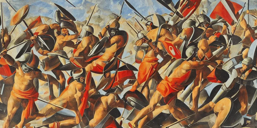 Prompt: italian futurism style painting of greek hoplites at war