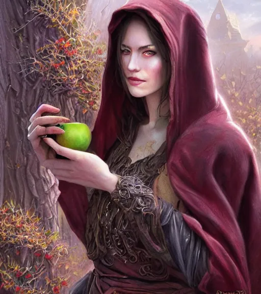 Image similar to a woman in a hooded cloak [ leaning against a tree ] holding an apple, looking at the viewer, roguish, fantasy digital painting, stunning, intricate details, artwork by ross tran and ralph horsley