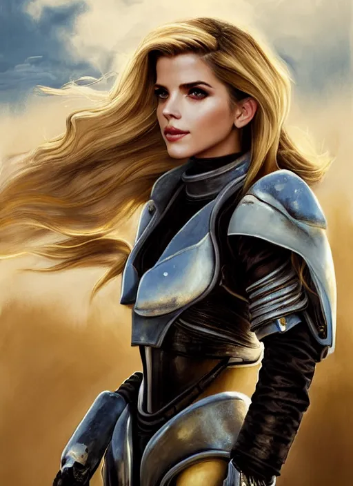 Image similar to portrait of a combination of Ashley Greene, Katheryn Winnick, Victoria Justice and Adriana Dxim, Grace Kelly, Emma Watson and Lily Collins with blonde hair wearing Terran Armor from StarCraft, countryside, calm, fantasy character portrait, dynamic pose, above view, sunny day, thunder clouds in the sky, artwork by Jeremy Lipkin and Giuseppe Dangelico Pino and Michael Garmash and Rob Rey and Greg Manchess and Huang Guangjian, very coherent asymmetrical artwork, sharp edges, perfect face, simple form, 100mm