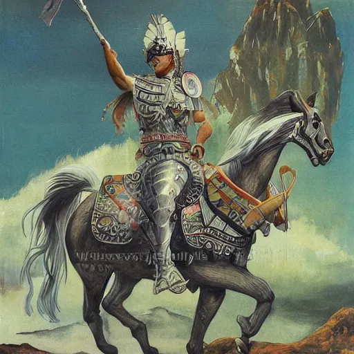 Image similar to a exotic metro pollynsdian warrior riding horse through a river, painted by jorgihno gisbana and takashi tokyo, style of ultra capitalism surrealism, surrealist artwork, ancho socialist styling