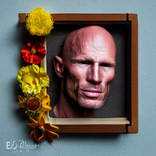 Prompt: Mixed media flower assemblage of Ed Harris, studio lighting, F 1.4 Kodak Portra