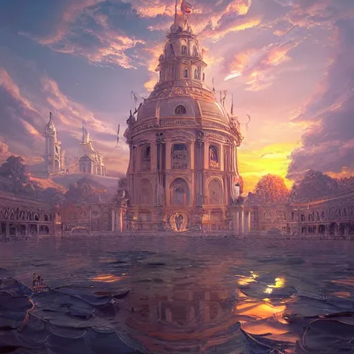 Prompt: magnificent baroque city floating in air, beautiful, surreal, highly detailed, sharp focus, sunset, by artgerm, cgsociety