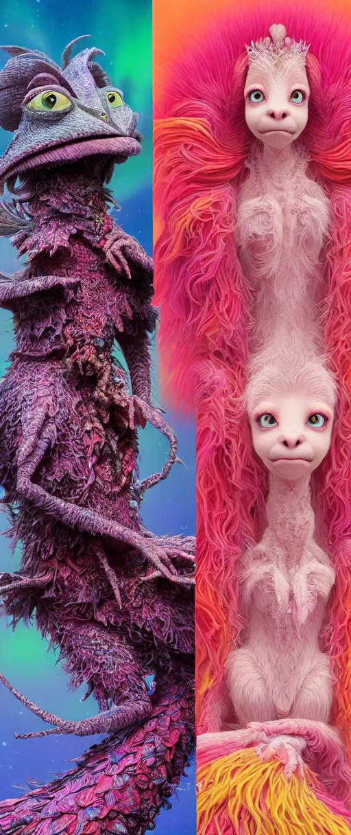 Image similar to hyper detailed 3d render like a Oil painting - kawaii portrait of two Aurora (a beautiful skeksis muppet fae princess protective playful personality from dark crystal that looks like Anya Taylor-Joy) seen red carpet photoshoot in UVIVF posing in scaly dress to Eat of the Strangling network of yellowcake aerochrome and milky Fruit and His delicate Hands hold of gossamer polyp blossoms bring iridescent fungal flowers whose spores black the foolish stars by Jacek Yerka, Ilya Kuvshinov, Mariusz Lewandowski, Houdini algorithmic generative render, Abstract brush strokes, Masterpiece, Edward Hopper and James Gilleard, Zdzislaw Beksinski, Mark Ryden, Wolfgang Lettl, hints of Yayoi Kasuma and Dr. Seuss, octane render, 8k