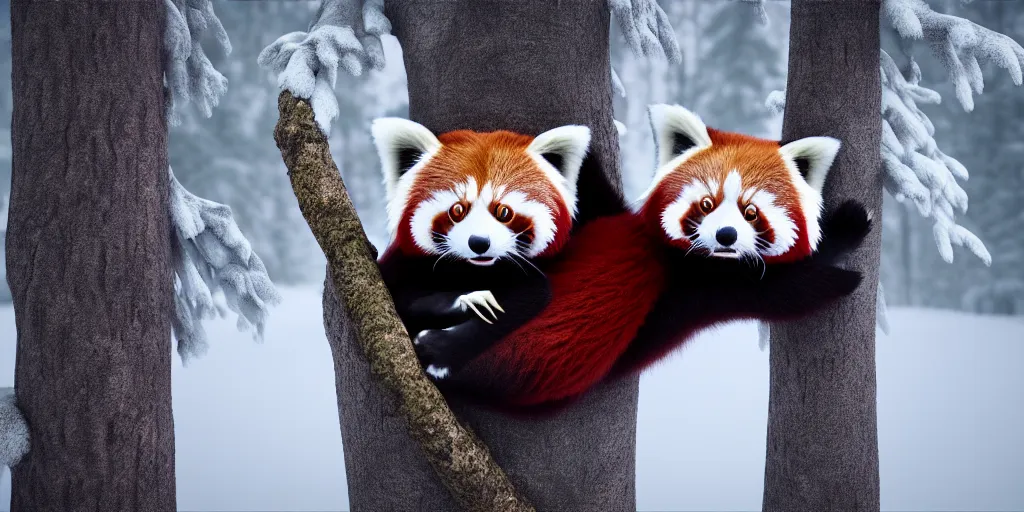 Image similar to fantasy red panda love, raised hands side by side in the winter trees, he holds her while she sleeps, hyperrealism, 8 k octane render